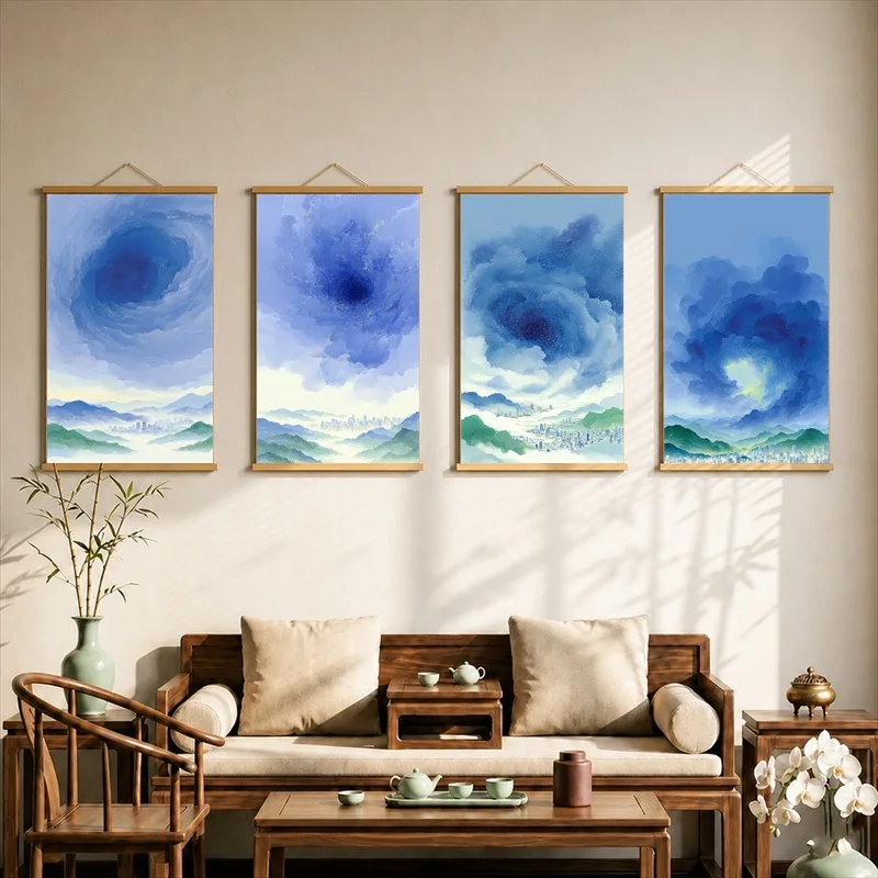 Wall Art Blue Storm Clouds over Distant Mountains, Atmospheric Landscape Pearlescent Canvas Hanging Scroll for Quiet Bar Lounge