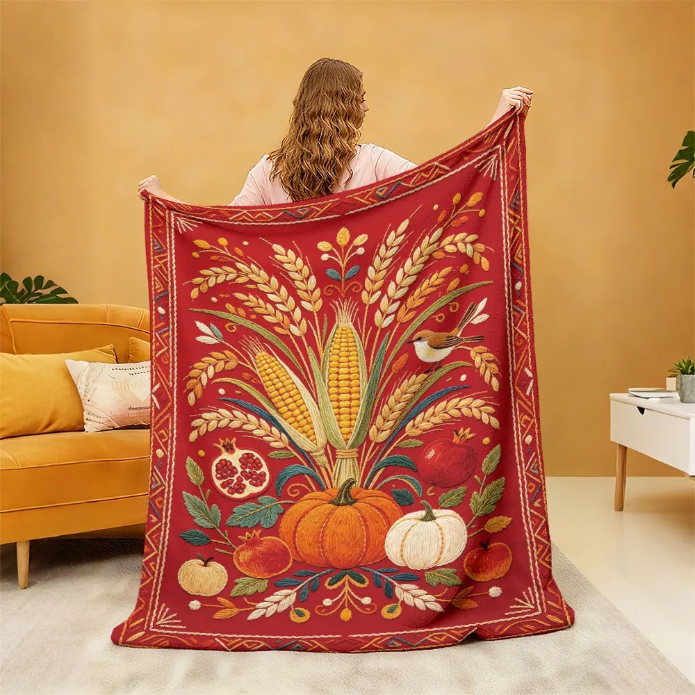 1Pc Autumn Harvest Fruit Flower Print Flannel Blanket, 230g Soft Comfortable Throw Blanket, Portable Warm Nap Blanket For Sof