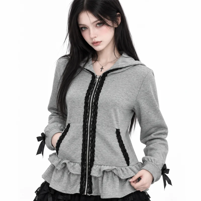 Autumn Winter Women Y2K Zip Up Hoodie Devil Horn Detail Large Back Bow Lace Trim Ruffle Hem Kawaii Goth Streetwear