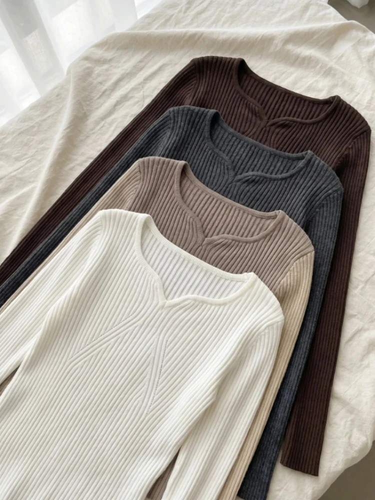2026 Autumn Winter Slim Long Sleeve Badycon High Quality Sweater Basic V-neck Chic Women Pullover Female Knitted Ribbed Sweater