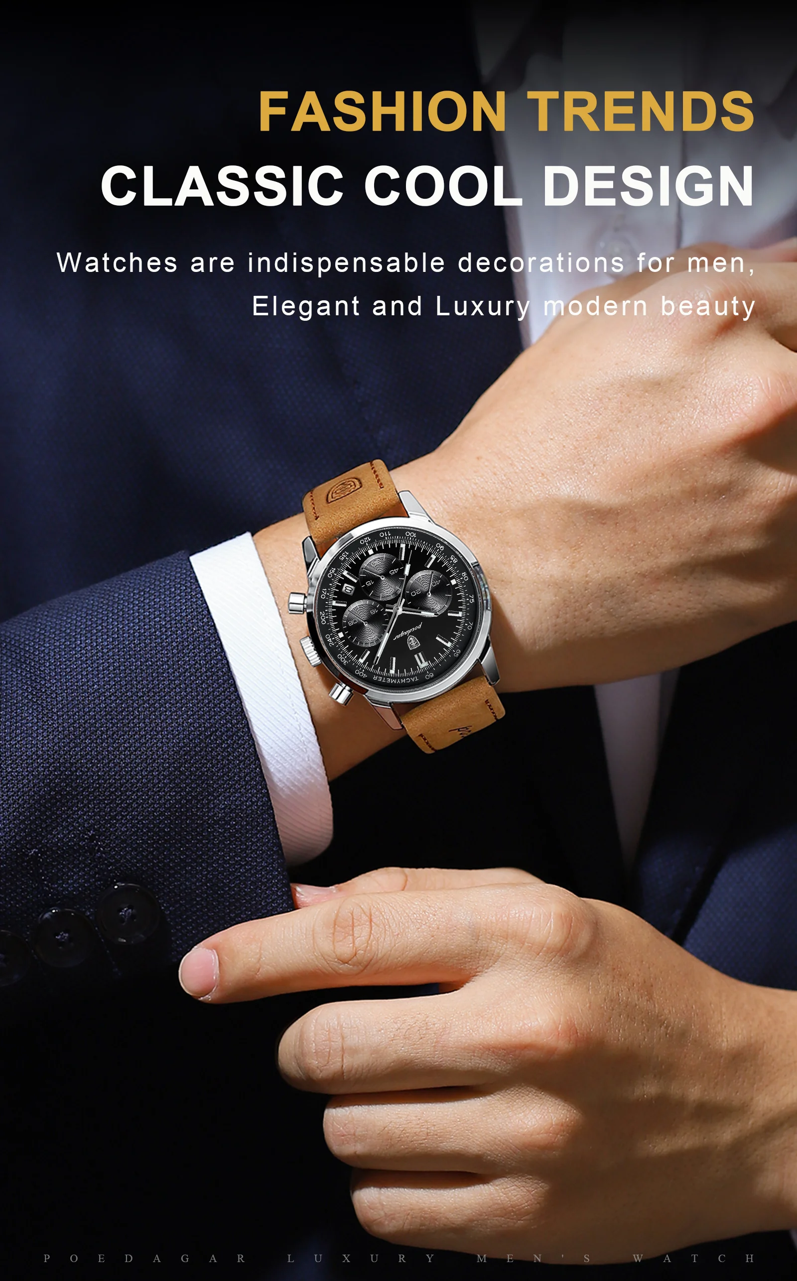 POEDAGAR Modische Herrenuhr Wasserdicht Leuchtend Leder Casual Herren-Armbanduhr Chronograph Hochwertige Herren-Quarzuhren Reloj – Detail 12