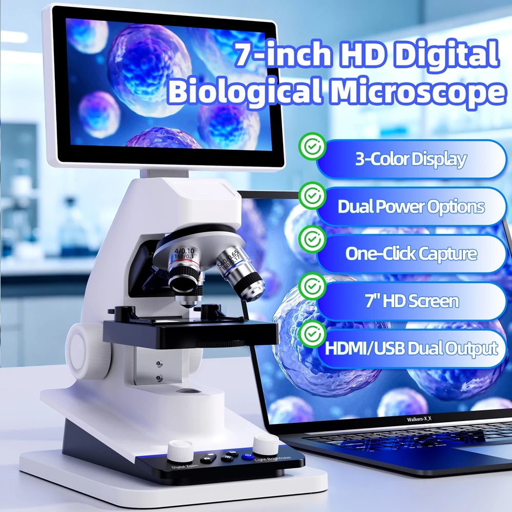 40X-400X Electronic Biological Microscope 7 Inch 2MP Trinocular HD Professional Slide Experiment PC/TV View HDMI Microscopes