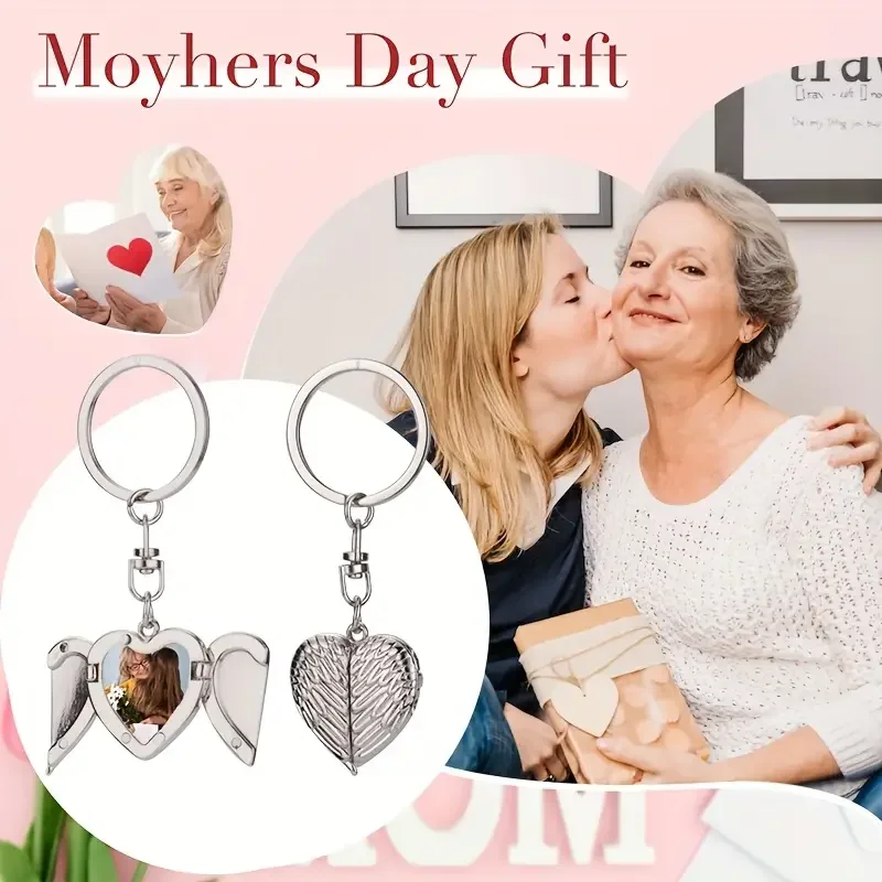 1 Personalised Photo Pendant Keychain - Heart Shape Angel Wings with Custom Sublimation, Zinc Alloy Romantic Gift