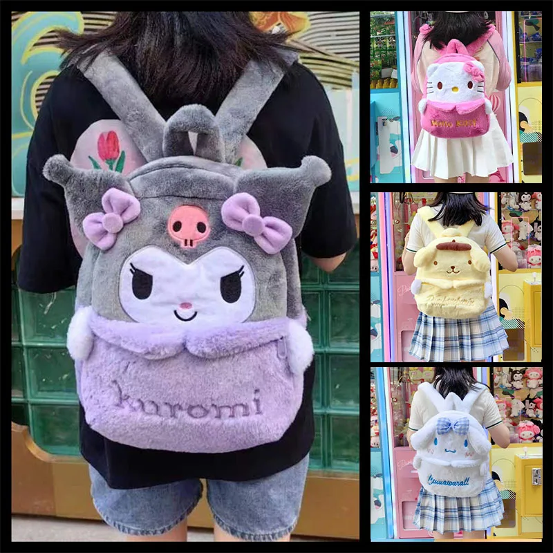 Sanrioed Hello Kittys Cartoon Plush Backpack Cinnamoroll Kuromi Girl Heart Large Capacity My Melody Jk Shoulders Bag Girls Gift