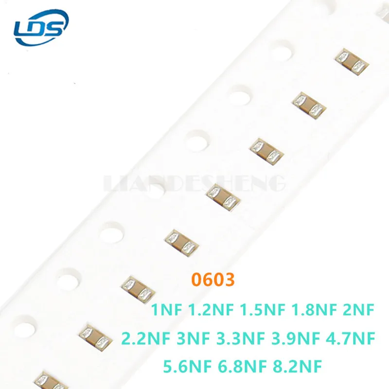 

100pcs SMD Ceramic Capacitor 0603 1nF1.2nF 1.8nF 2nF 2.2nF 2.7nF 3nF 3.3nF 3.9nF 4.7nF 5.6nF 6.8nF 8.2nF