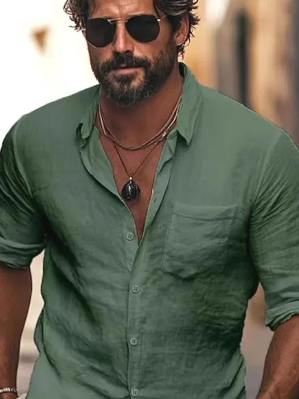 

Green Cotton Linen Workwear Shirt Men's Breathable Long Sleeve Sun Protection Open Cardigan Pocket Style Casual Linen Crepe S...