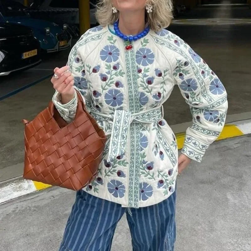 

2025 модная женская куртка на шнуровке с принтом, повседневная однобортная куртка с круглым вырезом и длинными рукавами, зимняя женская толстая теплая верхняя одежда