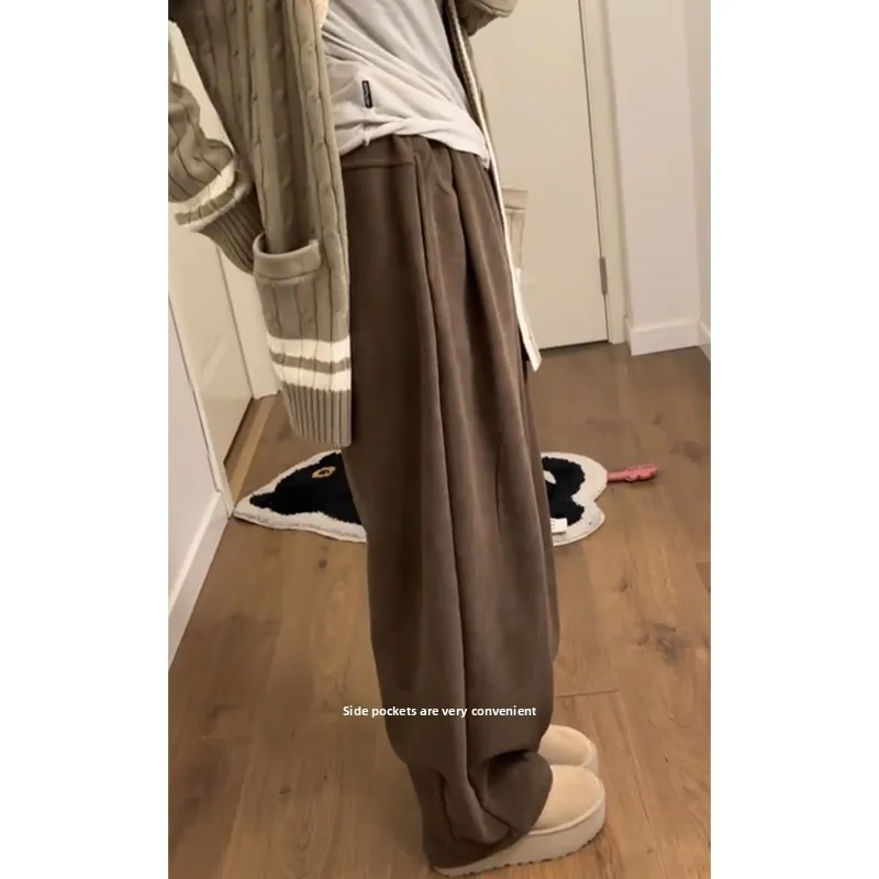 Pantaloni casual foderati in Fce a vita alta Pantaloni a gamba larga da donna Autunno Inverno Allentati Confortevoli Caldi Taglia piccola Drappeggiati Dritti L...
