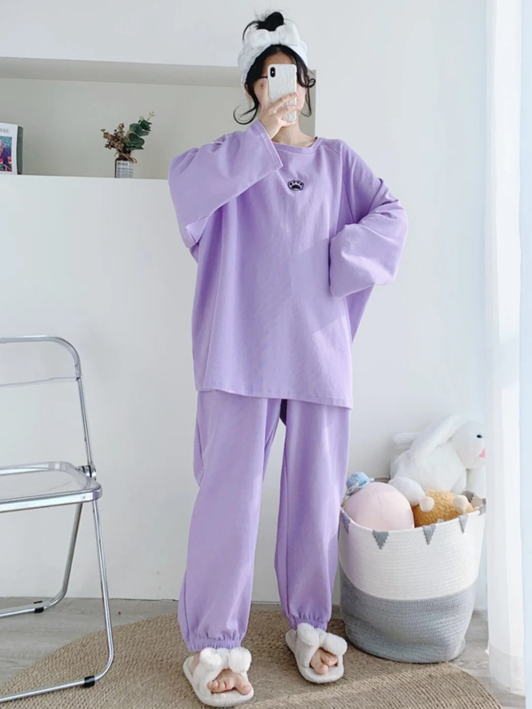 plus Size Women's Autumn Winter Cartoon Embroidery Long Sleeve Home Clothes Set Sleepwear Comfortable Loose Fit Pants And Top