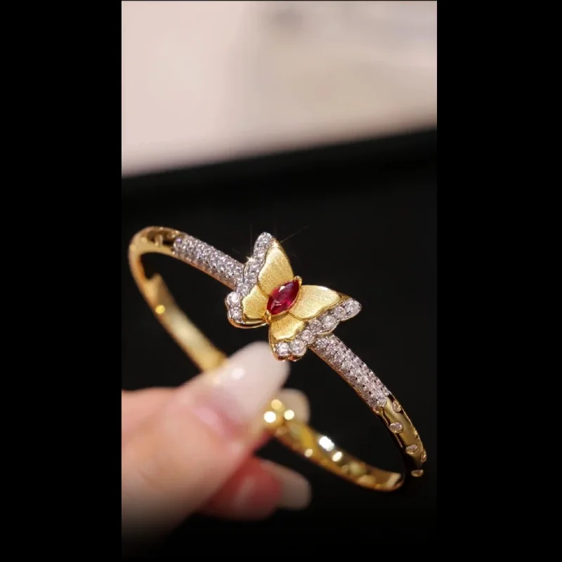 Bellux 925 Silver Yellow K Gold Plated Synthetic Zircon Italian Style Bracelet Ruby Butterfly Full Diamond Gold Arm Bangle