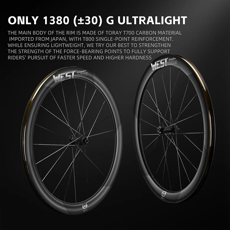 WEST BIKING Bicycle Wheel Set T700+T800 Carbon Fiber Lightweight Road Bike Wheel Disc Brake Tubeless Wheels Set Bike Parts