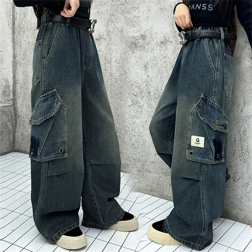 K5503 Hinzufügen von Samt und Verdickung für Mädchen, Jeans mit weitem Bein, Mädchenjeans, Kinderhosen, Kinderjeans