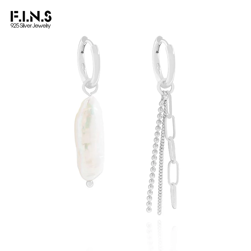 F.I.N.S Asymmetric S925 Sterling Silver Link Chain Tassel Freshwater Pearl Drop Earrings Round Small Hoops Dangle Ear Fine Jewel