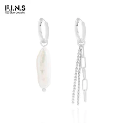 F.I.N.S Asymmetric S925 Sterling Silver Link Chain Tassel Freshwater Pearl Drop Earrings Round Small Hoops Dangle Ear Fine Jewel