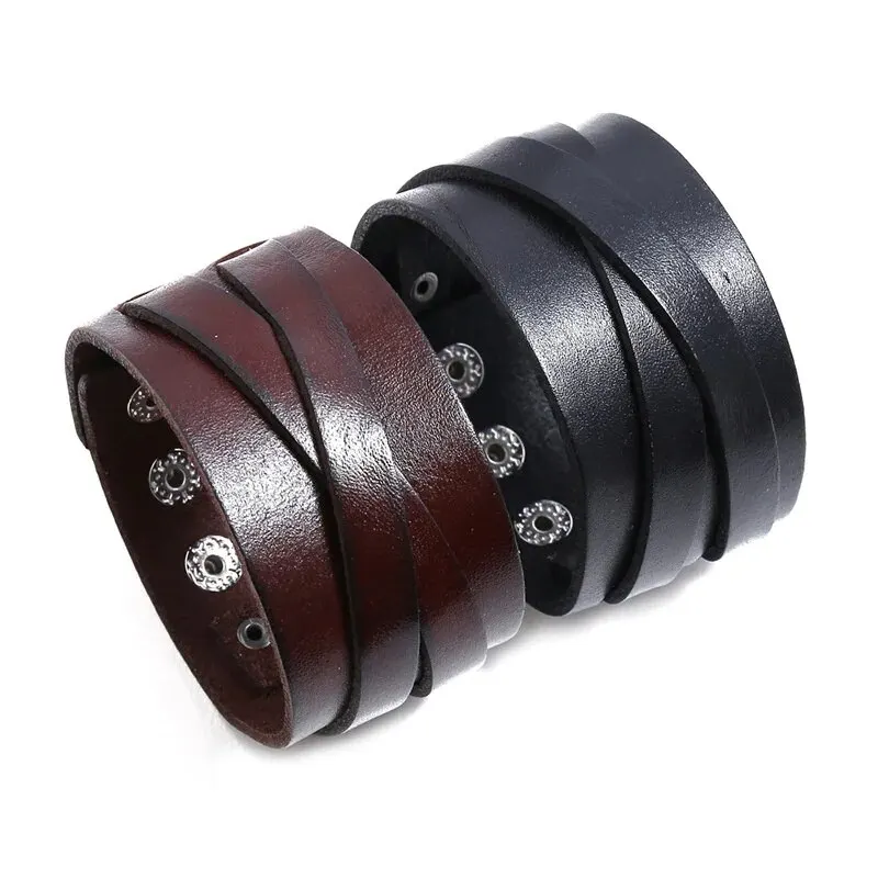 Fashion Black Brown Color Leather Men Bracelets Bangles Punk Vintage Couple Bangles For Men Jewelry Gift