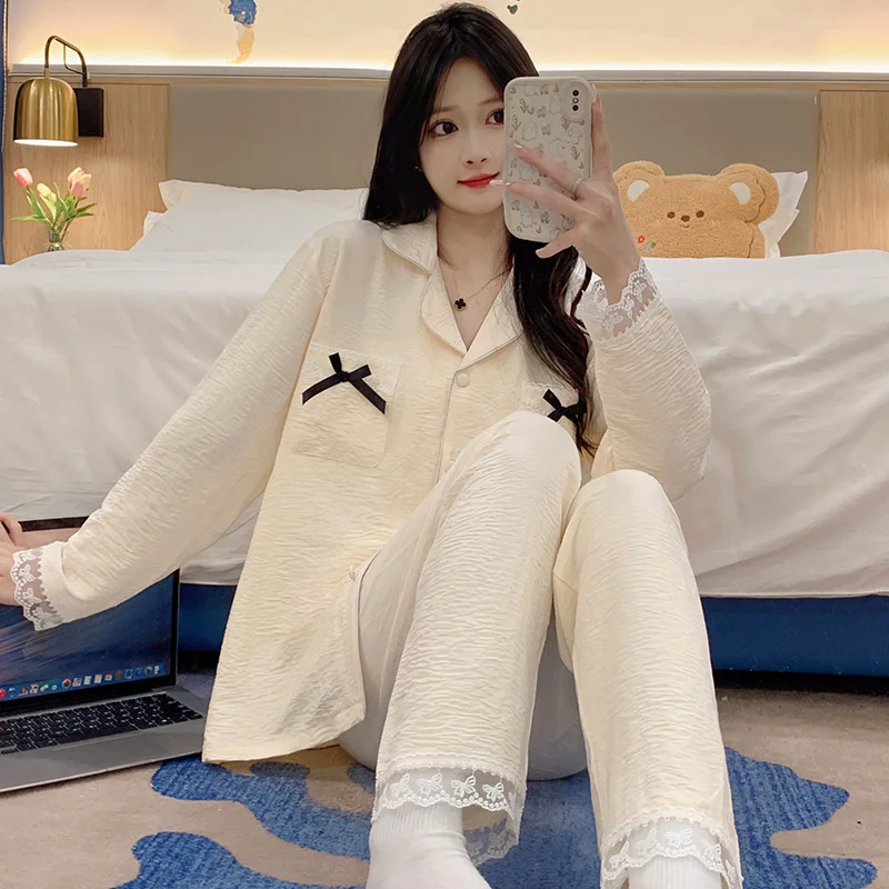 

Spring Autumn Loose Cotton Home Clothes Nightwear V Print Solid Long Sleeve Trouser Two Piece Set Nightwear