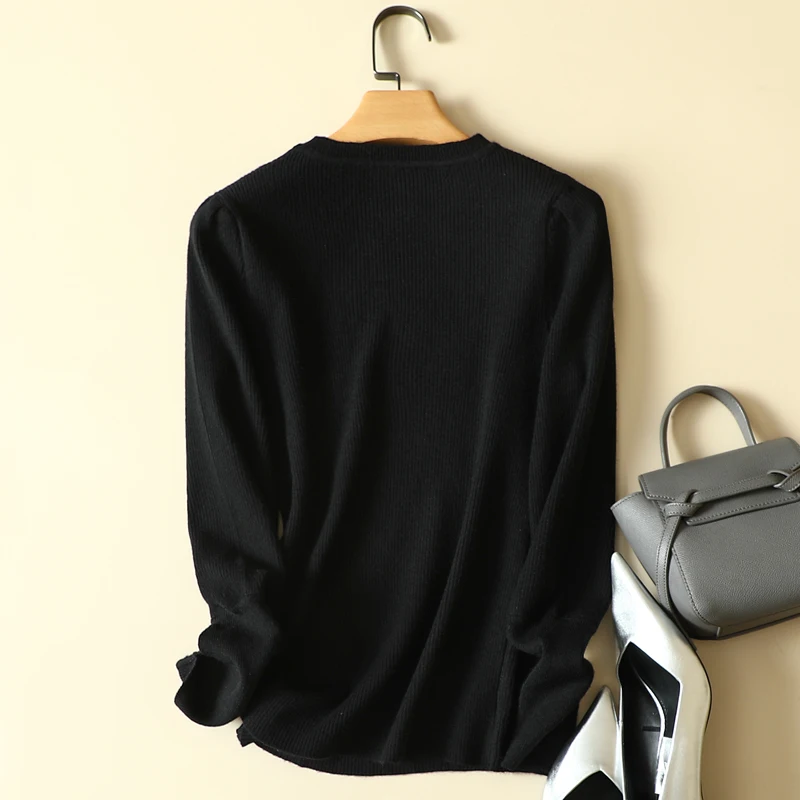 Women's Monochromatic Button Black Knitted Sweater, Long-Sleeved Pullovers, Casual Tops, O-Neck, All Match, Vintage, Autumn