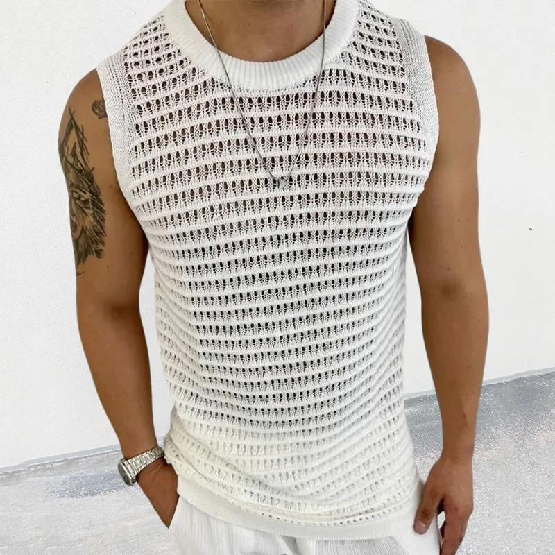 

Fashion Knit Tank Tops Men Streetwear Summer Leisure Hollow Out Knitting Camisole Sleeveless Crew Neck Solid Men's Vest Vintage