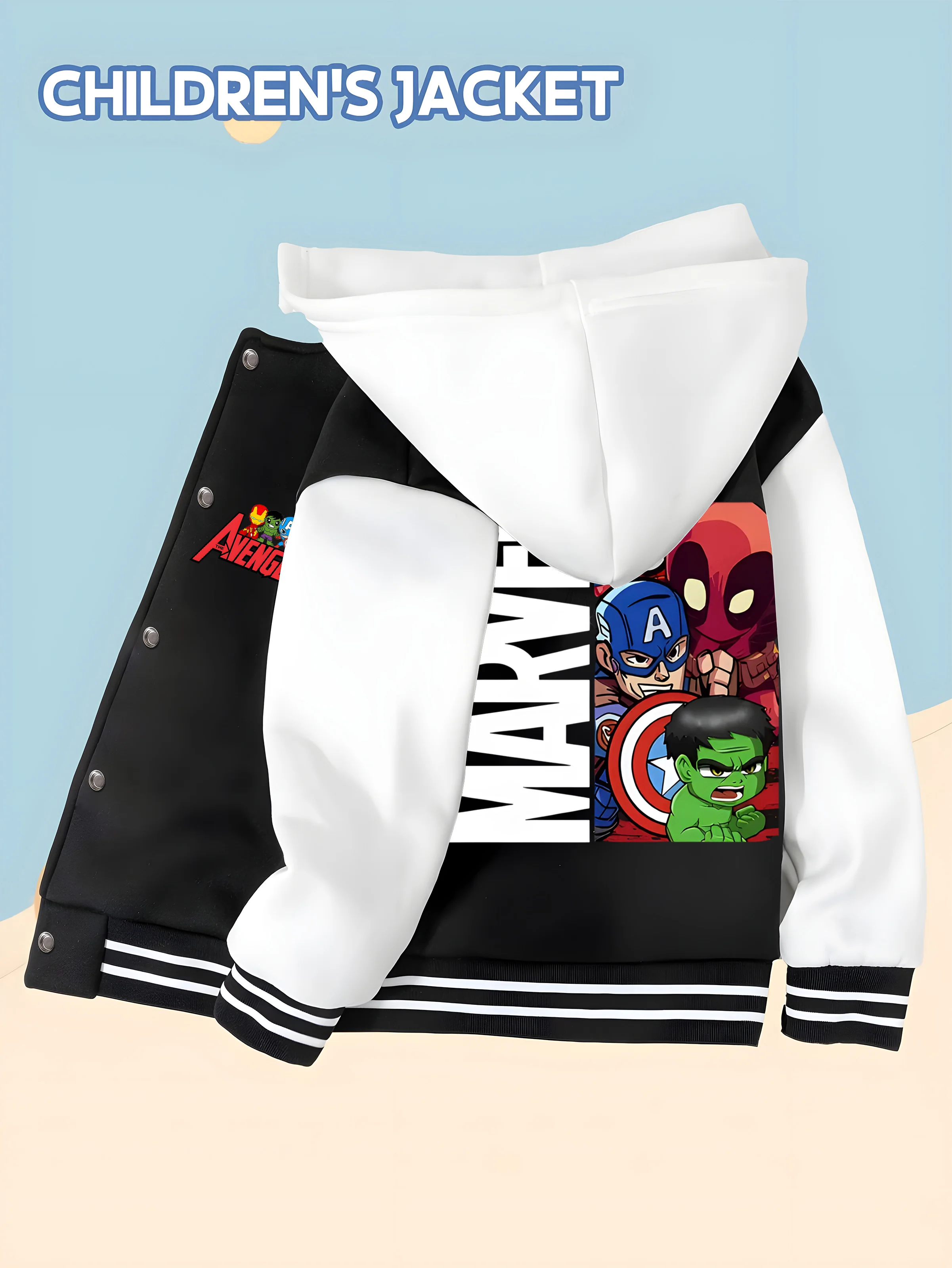 

MINISO Marvel Boys Baseball Jacket - Avengers + Spider-Man, classic black and white, soft fabric, warm and comfortable, fashiona