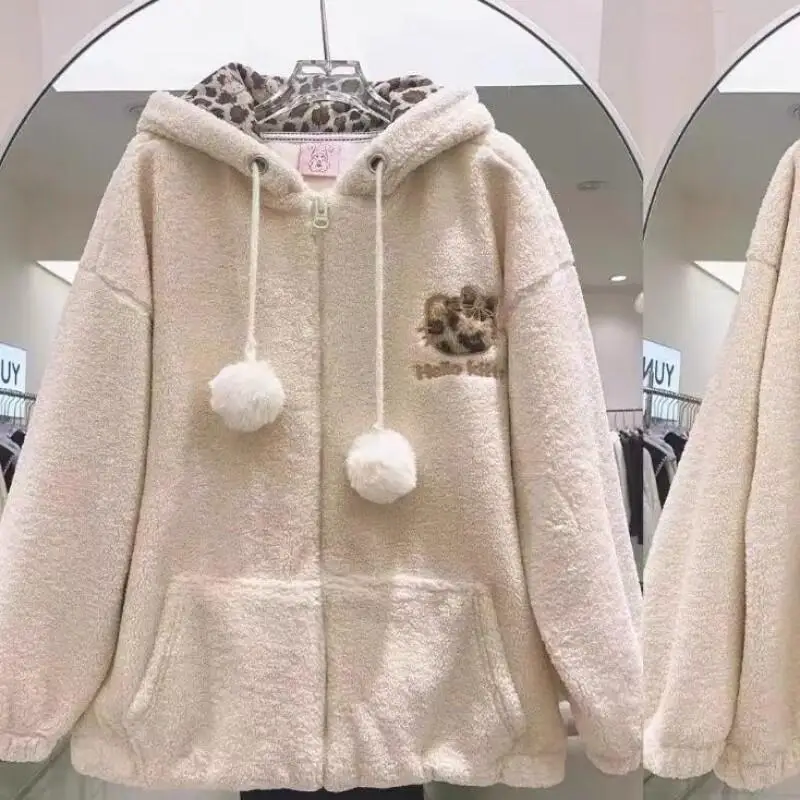 

Sanrio Hello Kitty Kawaii Anime Fashion Casual Winter Embroidered Warm Lamb Wool Coat Elegant Women's Suits Woman Two Piece Set