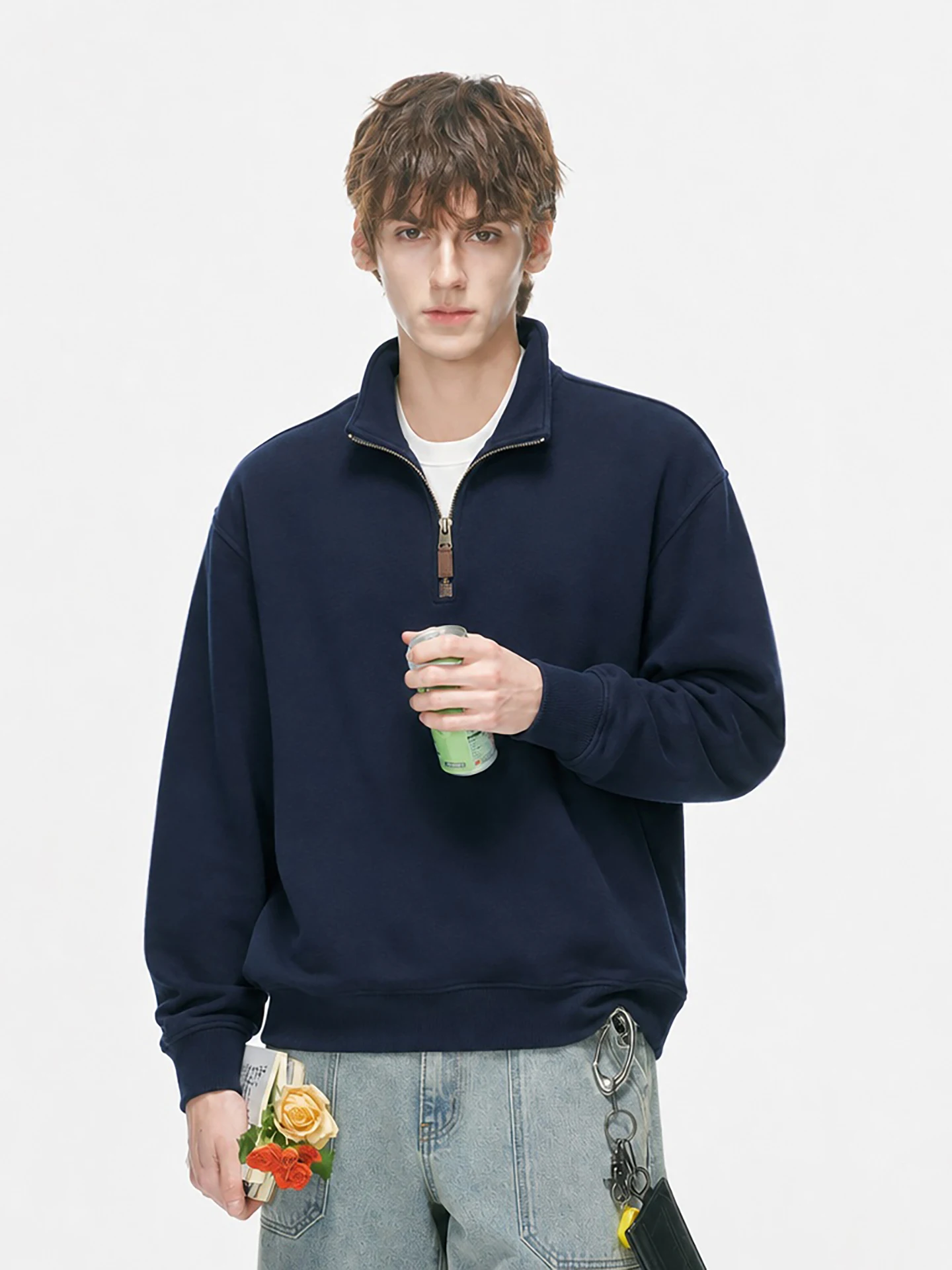 American Style Commuter Short Half Zipper Stand Collar Sweatshirt Men's Autumn Cleanfit No Hat Top Loose Fit Long Sleeve Cotton