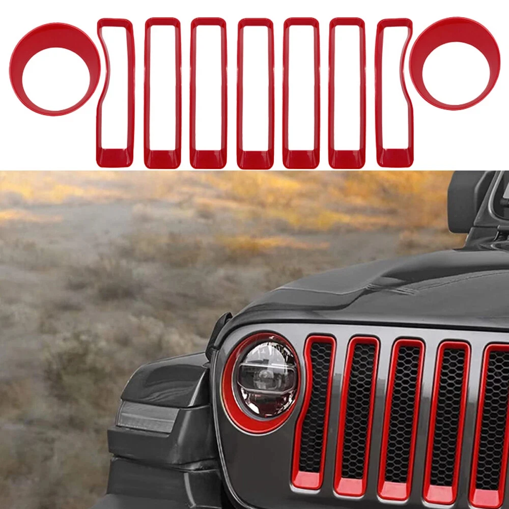 9PCS red front grille insert mesh cover and car grille headlight decorative frame suitable for Jeep Wrangler JL 2018-2022