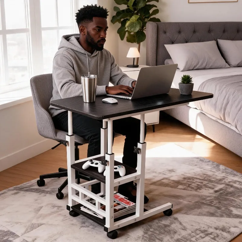 Adjustable Height Laptop Desk, Movable Computer Desk, Double-Layer Storage Compartment, Sturdy and Durable Metal Frame, Equipped with Convenient Height Adjustment Knob, Versatile Style, Suitable for V image 4