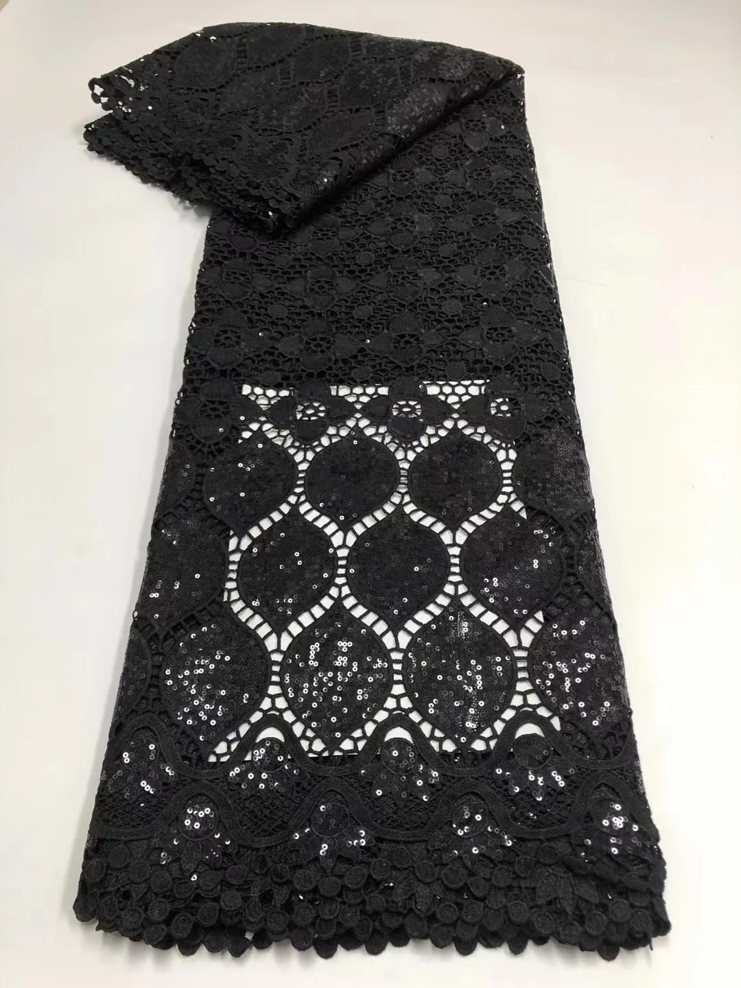

Black African Lace Fabric 2022 Guipure Lace with Sequins Embroidery Cord Lace Fabric High Quality Nigerian Lace Fabric KDP21221