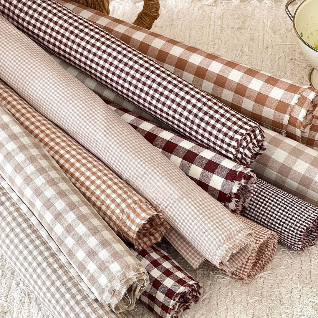 145x50cm Kaffeefarbenes Baumwoll-Karo-Gewebe für Damenbekleidung, Taschen, Haaraccessoires - Nähstoff – Detail 1
