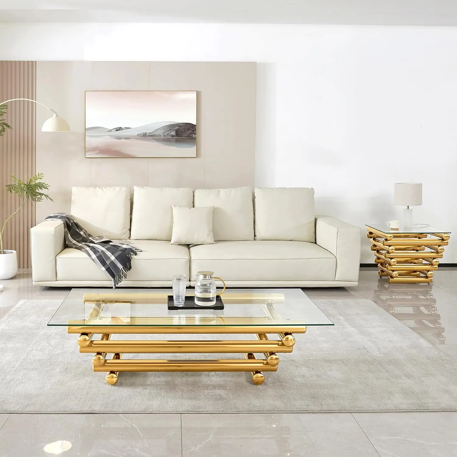 

Coffee Table Set Of 2, Modern Gold Coffee Tables For Living Room, Easy Assembly Easy Clean, Tempered Glass With Stainless Steel