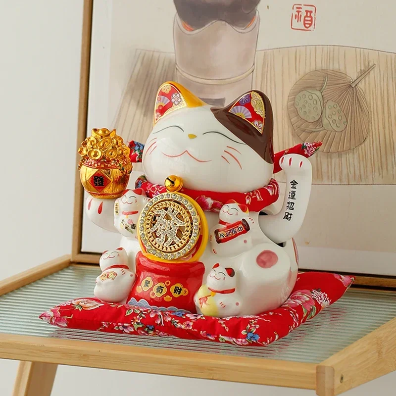 

9 Inch Ceramic Beckoning Cat Maneki Neko Ornament Feng Shui Decoration Swing Lucky Fortune Cat Battery / USB Powered