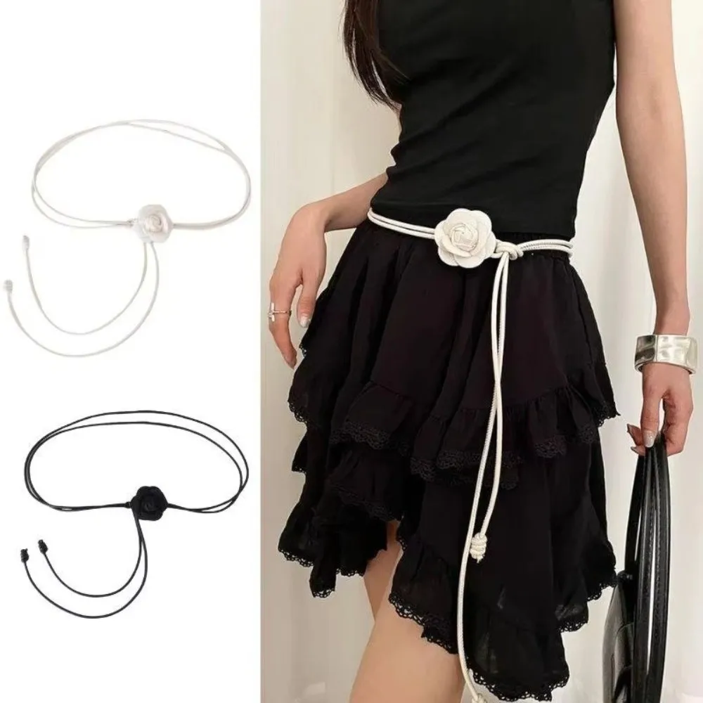 

Elegant Leather Rope Waist Belt Camellia Flower Adjustable Women Thin Belt Sweet Knot Waistband