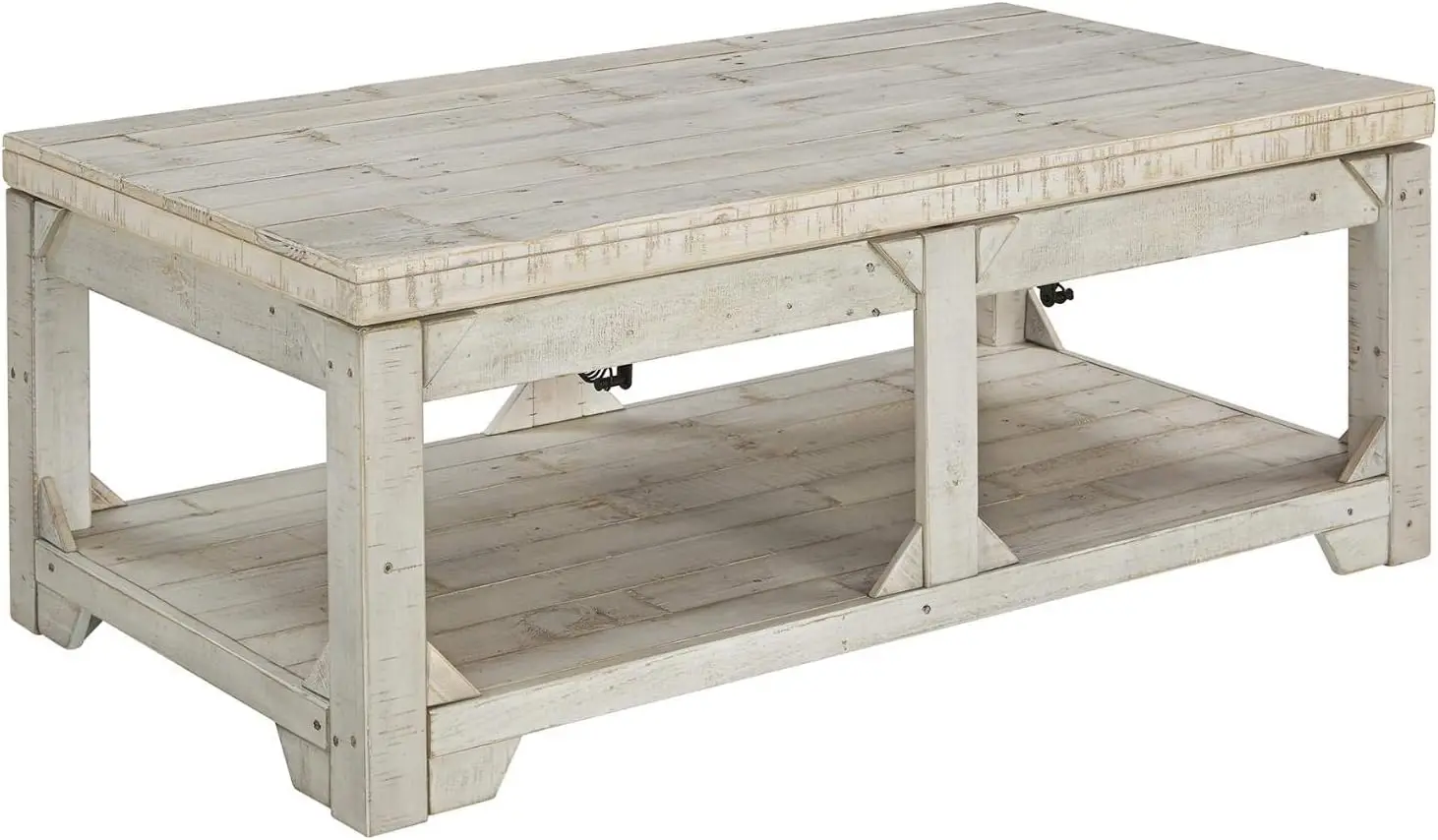 Mesa de centro de elevación Rectangular con estante de piso, lavado blanco con acabado desgastado, Design by Ashley Fregine Farmhouse