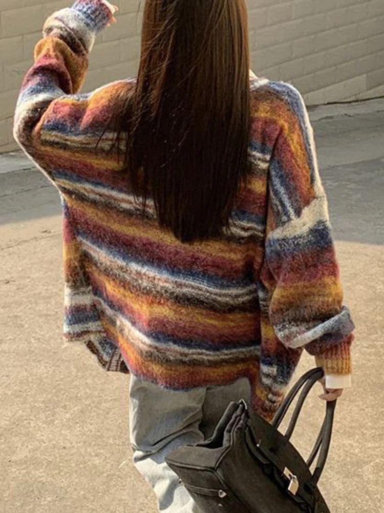 Rainbow Stripe Knitwear Cardigan female jacket autumn V Neck Loose Korean Sweater Coat For Women Casual Jumper Woman Sweater top