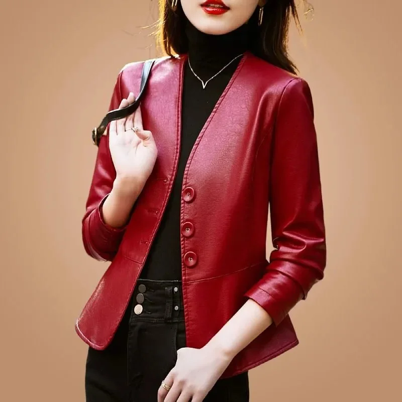 Leather Jacket For Women 2024 New Spring And Autumn High-End Design Waist Cinching Temperament Short V-Neck Leather Jacket Red