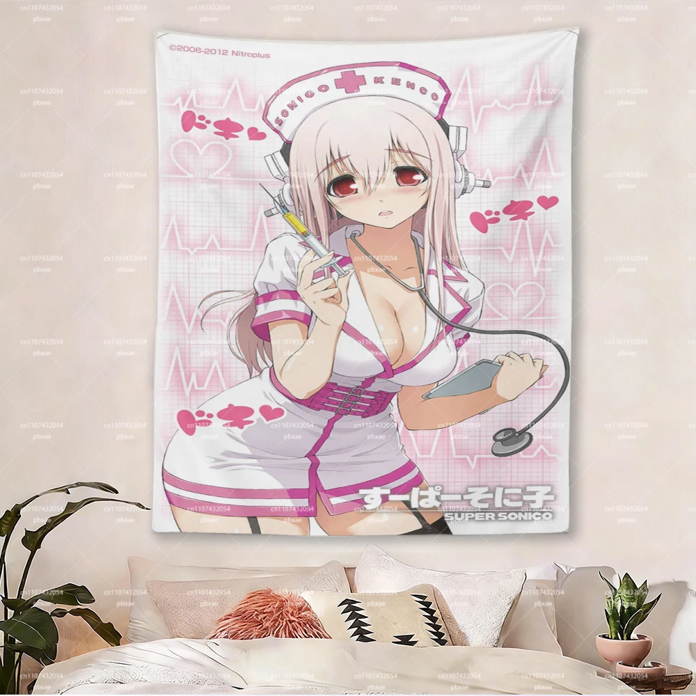 Super Sonico Nurse Anime Tapestry, Pink Heartbeat Wall Hanging, Kawaii Otaku Bedroom Decor for Fans