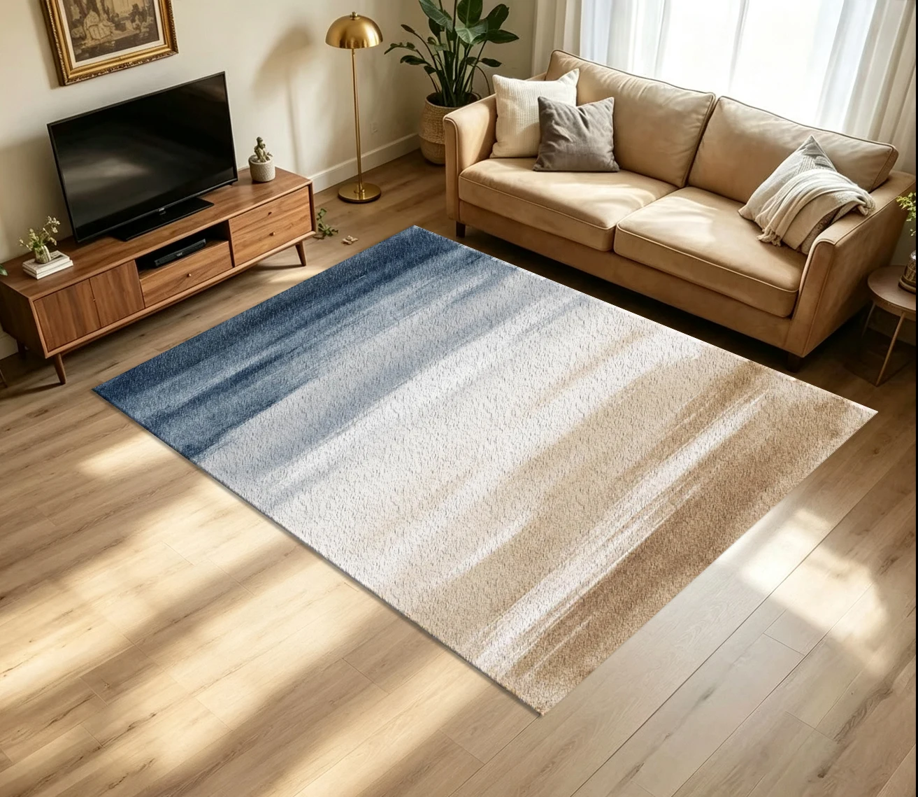 Modern Abstract Brush Stroke Gradient Carpet Flooring Navy Blue Beige Cream Vertical Watercolor Texture Seamless Art Pattern Printed Floor Rug for Household Indoor Minimalist Home Decor