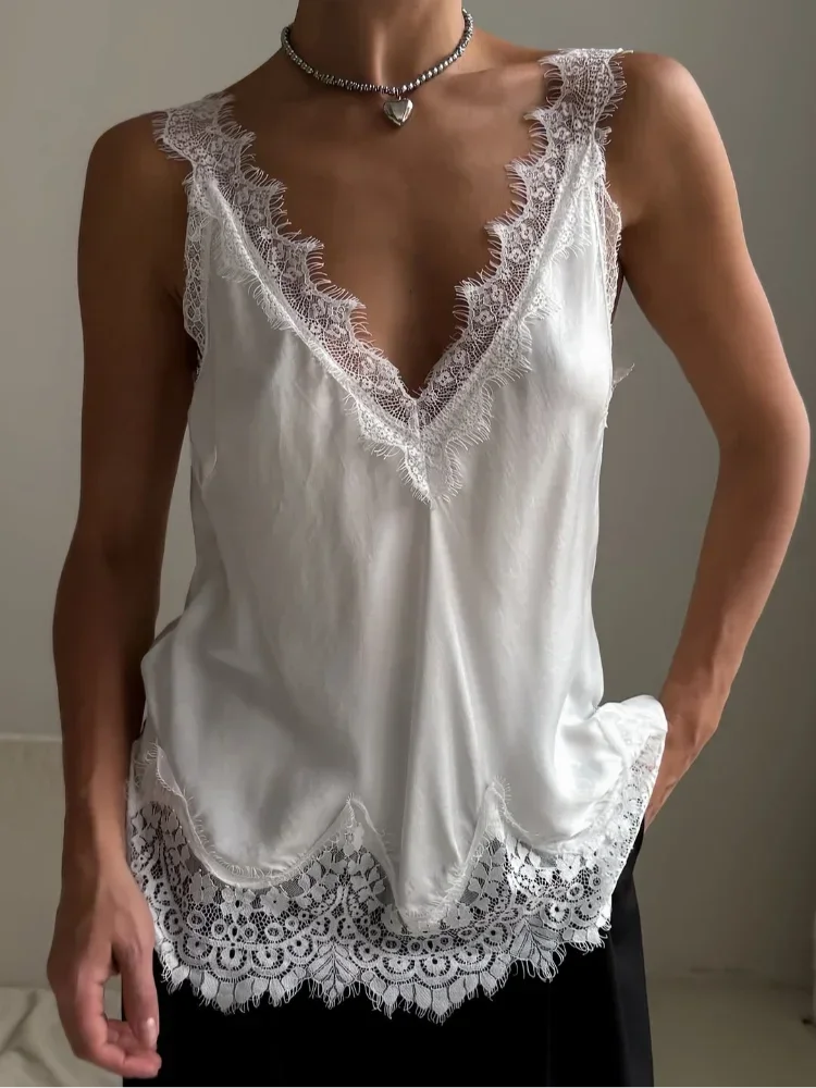 

Solid Strap Vest Women Elegant Lace Patchwork Sleeveless Loose Soft V-neck Tank Tops 2026 Fashion Lady New Summer Camis New