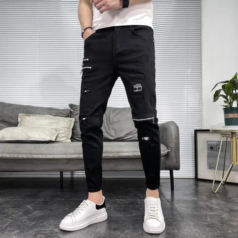 New Arrival Luxury Black Jeans Men\'s Korean Fashion Men Hip-hop Zipper Designer Cowboy Solid Classic Punk Casual Slim Pants