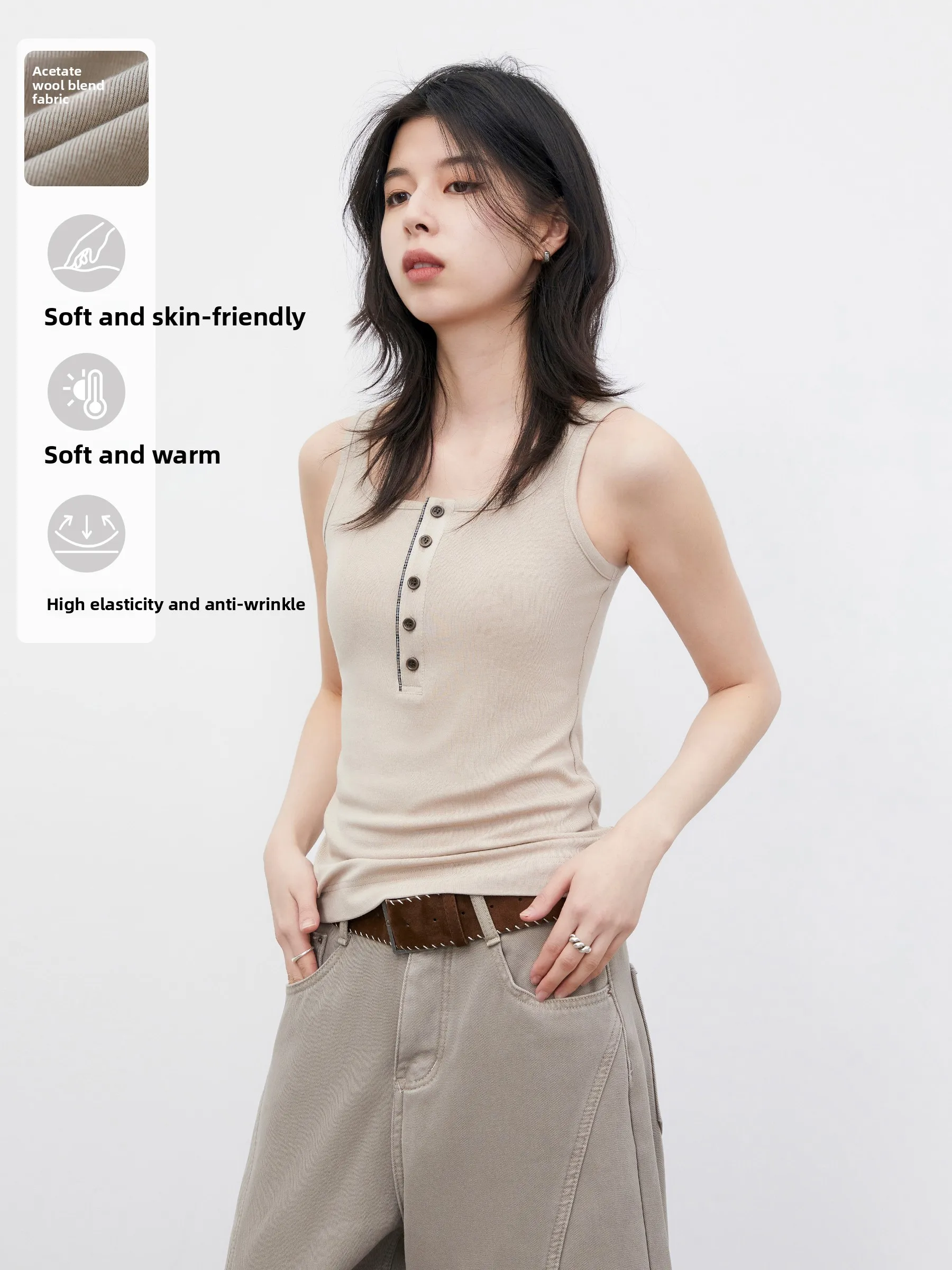 

Early Spring New Design Women's Knitted Acetate Wool Vest Button f Open Design Warm Inner Wear Casual Faion Ladies' Wear