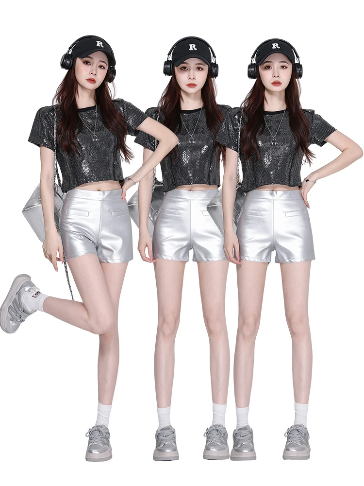 Sexy Jazz Dance Costume Set for Women's Group Performances Silver Color Kpop Stage Outfit Korean Dance Uniform Sparkling Fabric