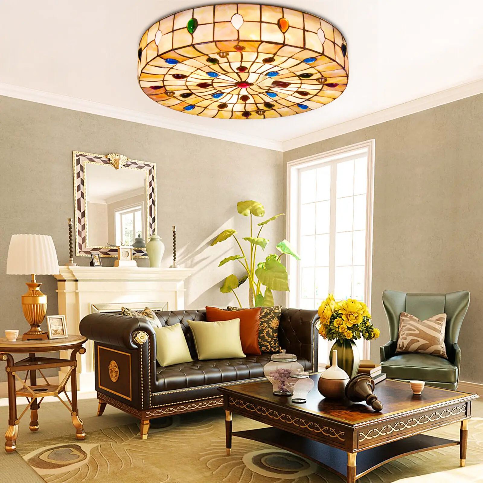 

Tiffany Style Vintage Stained Glass Flush Mount Ceiling Light Pendant Lamp