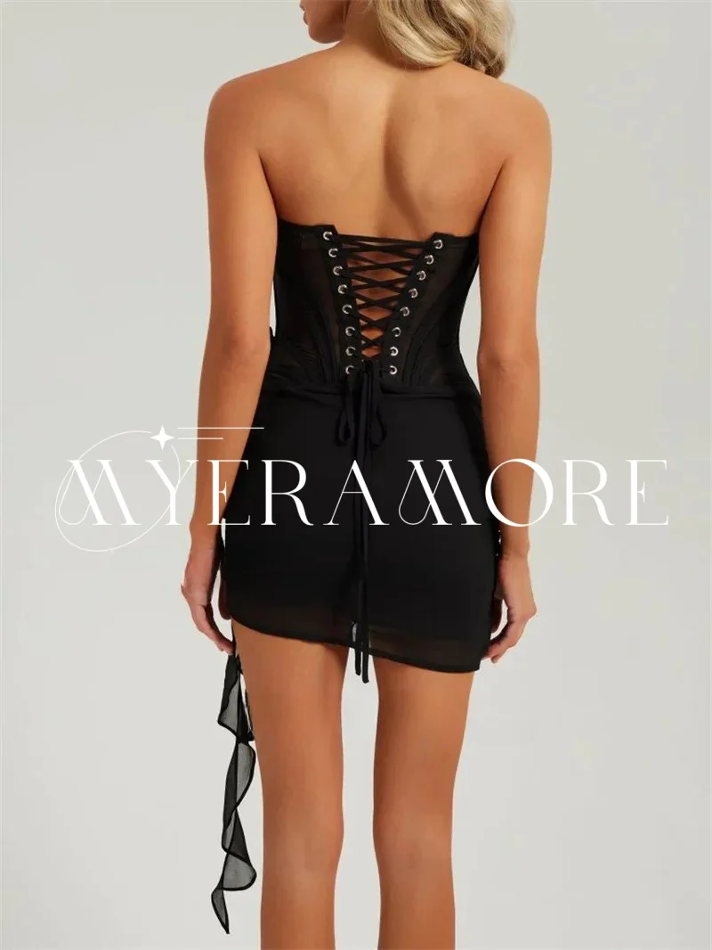 Vestidos de fiesta cortos con purpurina negra sexy, vestido de fiesta ajustado sin tirantes para discoteca, vestidos de cóctel con volantes, vestidos personalizados