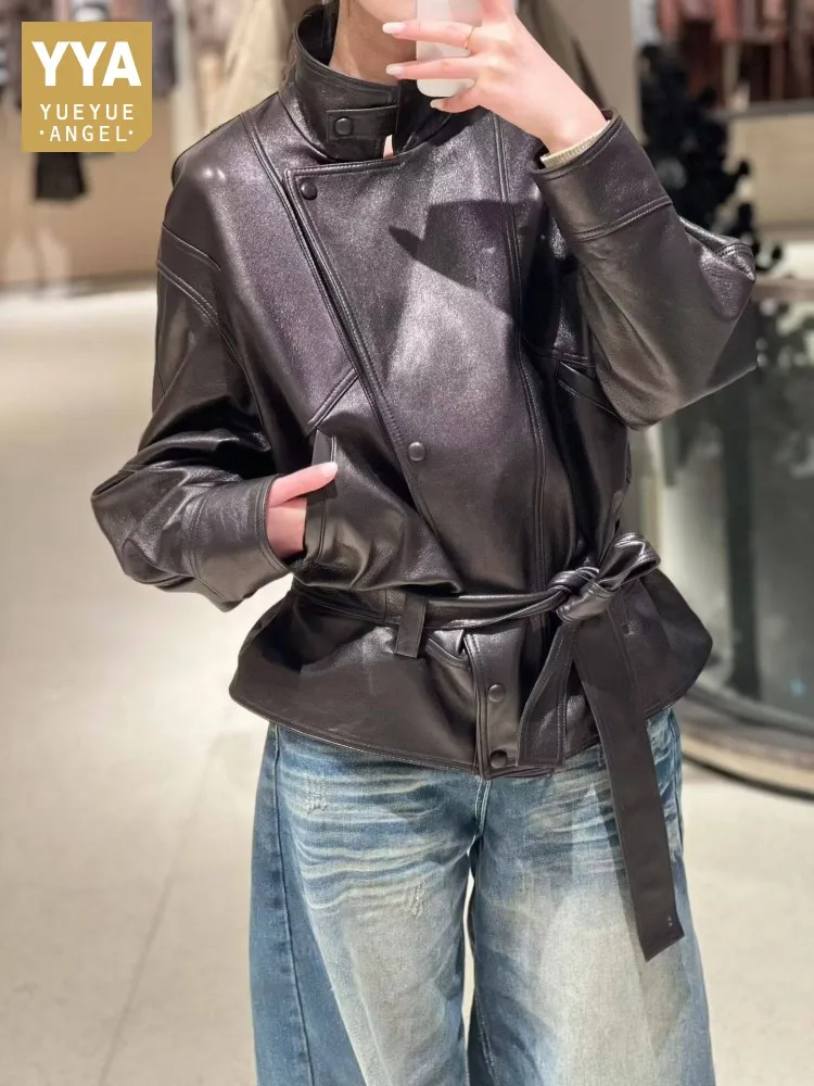 Genuine Leather Jacket Women Punk Style Spring Oil Wax Sheepskin Motorcycle Coat Single Breasted Streetwear Female Outerwear