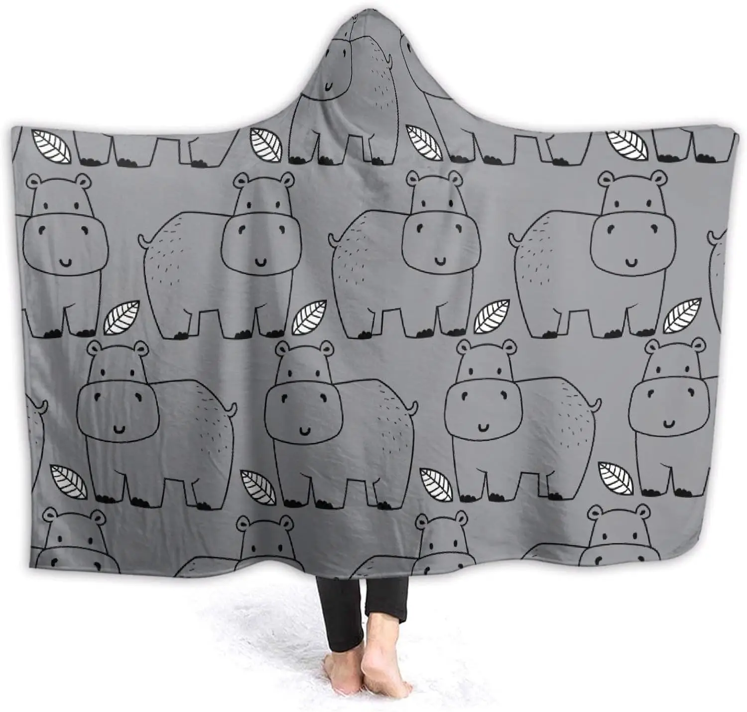 Cute Hippo Hooded Blanket Cartoon Animal Hooded Blanket Hippopotamus Gift for Kid Soft and Comfortable Suitable for Sofa