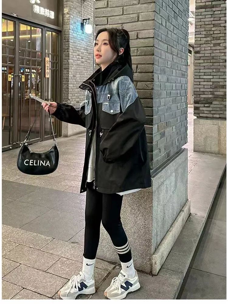 Denim Patchwork Windbreaker Jacket Women Spring Autumn Fashion False Two Pieces Coat Casual Fashionable Medium-length Tops Trend