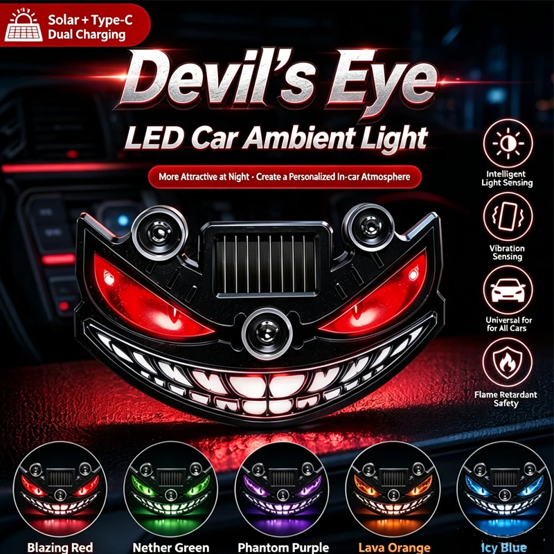 Auto Light Sensor Solar LED Devil's Face Car Warning Strobe Light MultiColor Flashing Safety Lamp Suction Cup Windshield Install