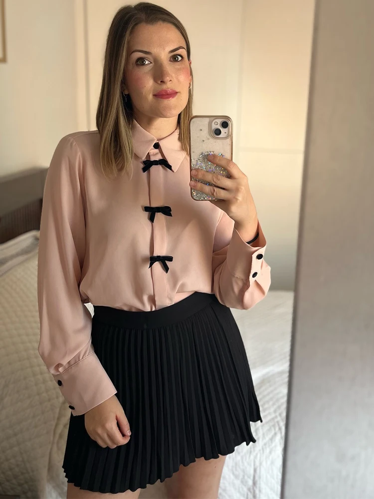 

TRAFZA Female Casual Chic Shirts Pink Turn-Down Collar Long Sleeve Bow Decorate Single Breasted Autumn Blouses Woman Trendy