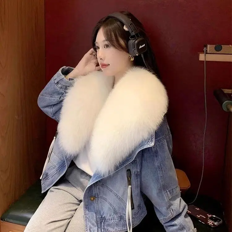 Detachable collar Denim Coat Women winter Parkas Fox Fur Short Down Jacket female Outwear fashion Long sleeve jeans clothes R066