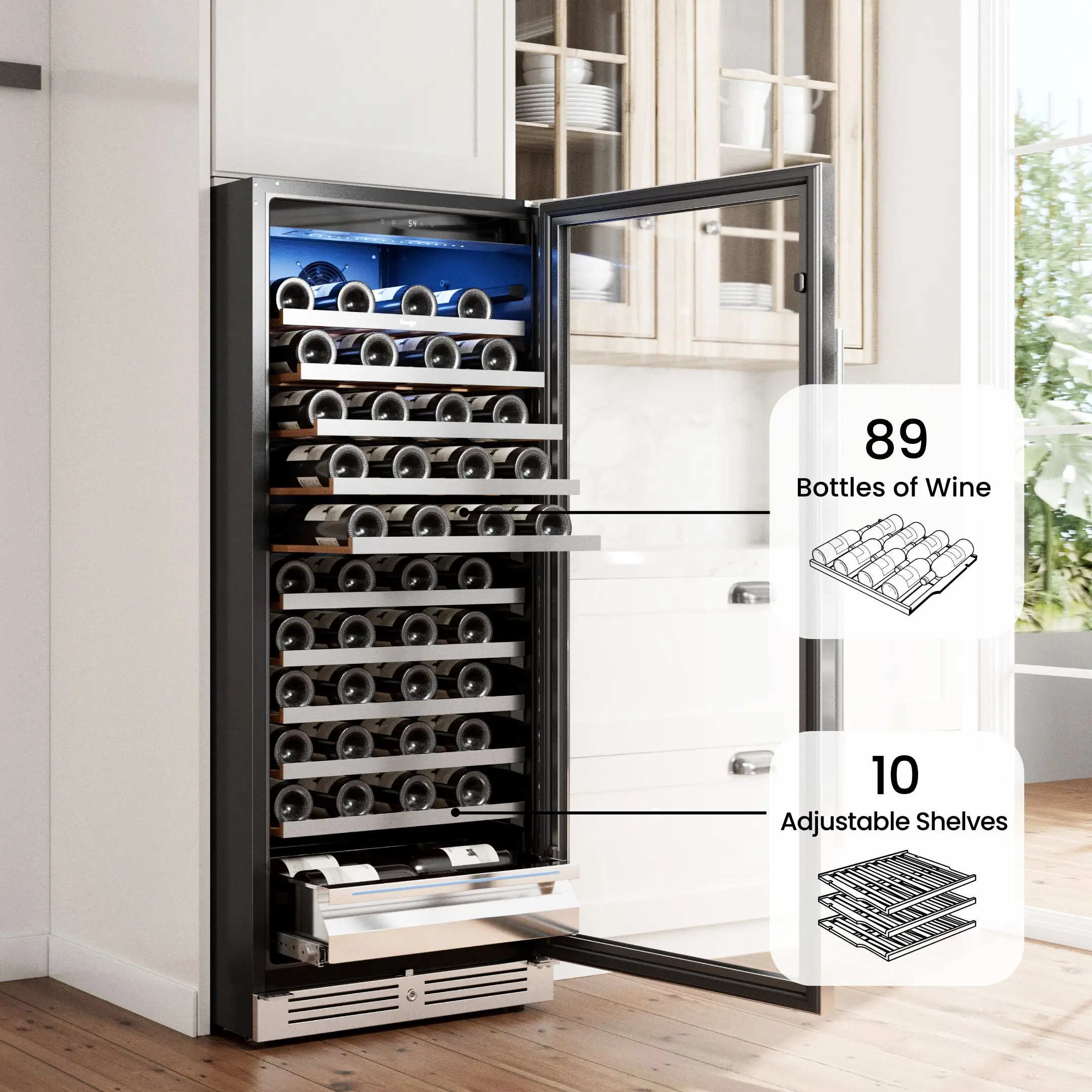 89 Bottle Wine Cooler Refrigerator Compressor Air Cooling Quiet Embedded/Freestanding Wine Fridge for Living Room/Wine Bar 5℃-18℃ Adjustable Temperature Glass Door Cabinet